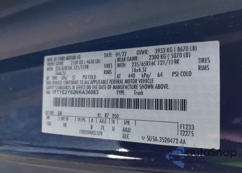 2022 Ford Transit T-150 from USA, damaged, VIN 1FTYE2Y82NKA36083